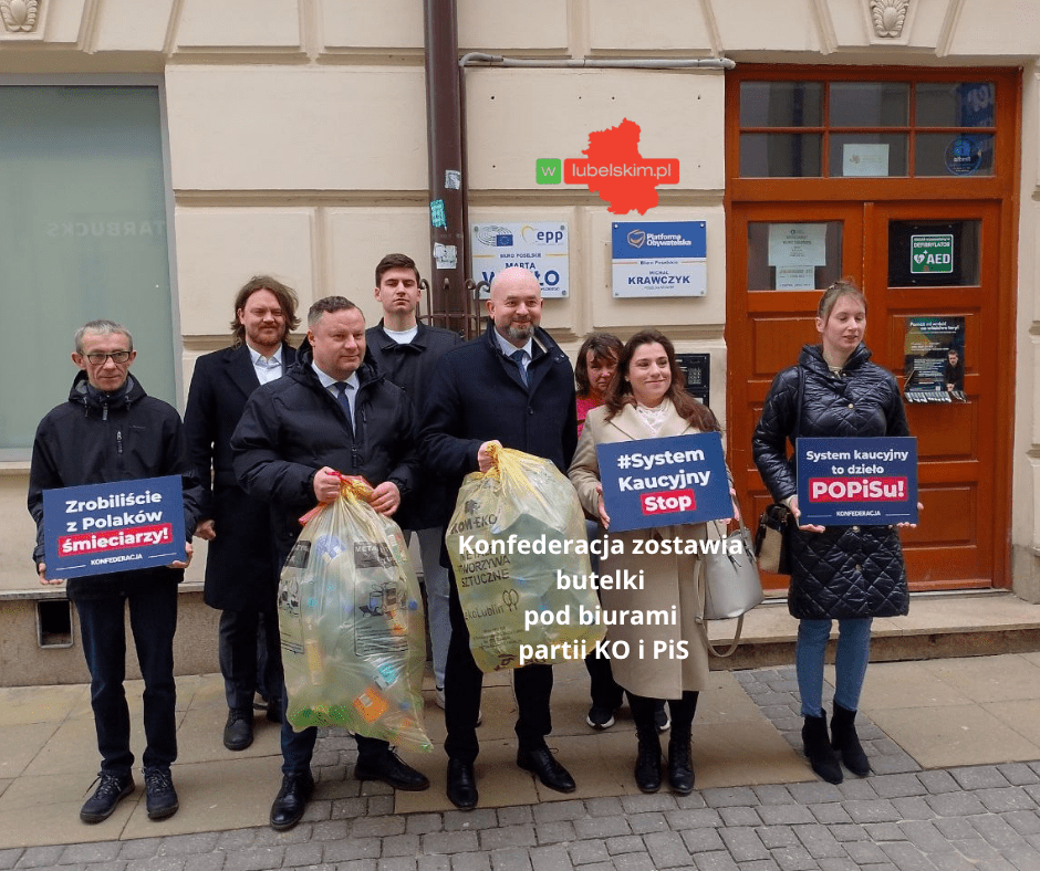 Konfederacja protestuje przeciw systemowi kaucyjnemu. Butelki trafiły pod biura KO i PiS