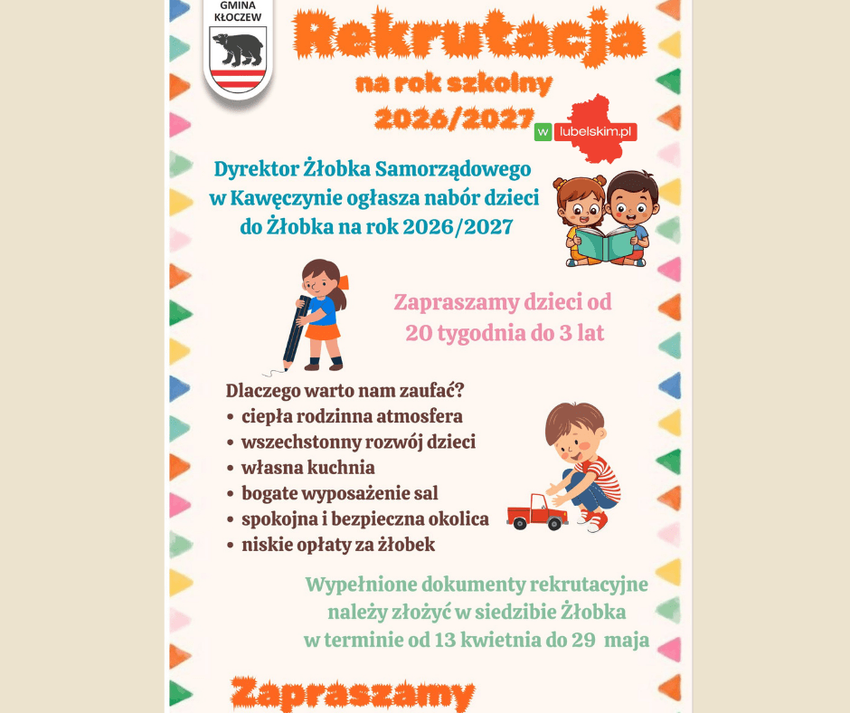 Gmina Kłoczew: rekrutacja do żłobka w Kawęczynie od 13 kwietnia do 29 maja 2026 r.