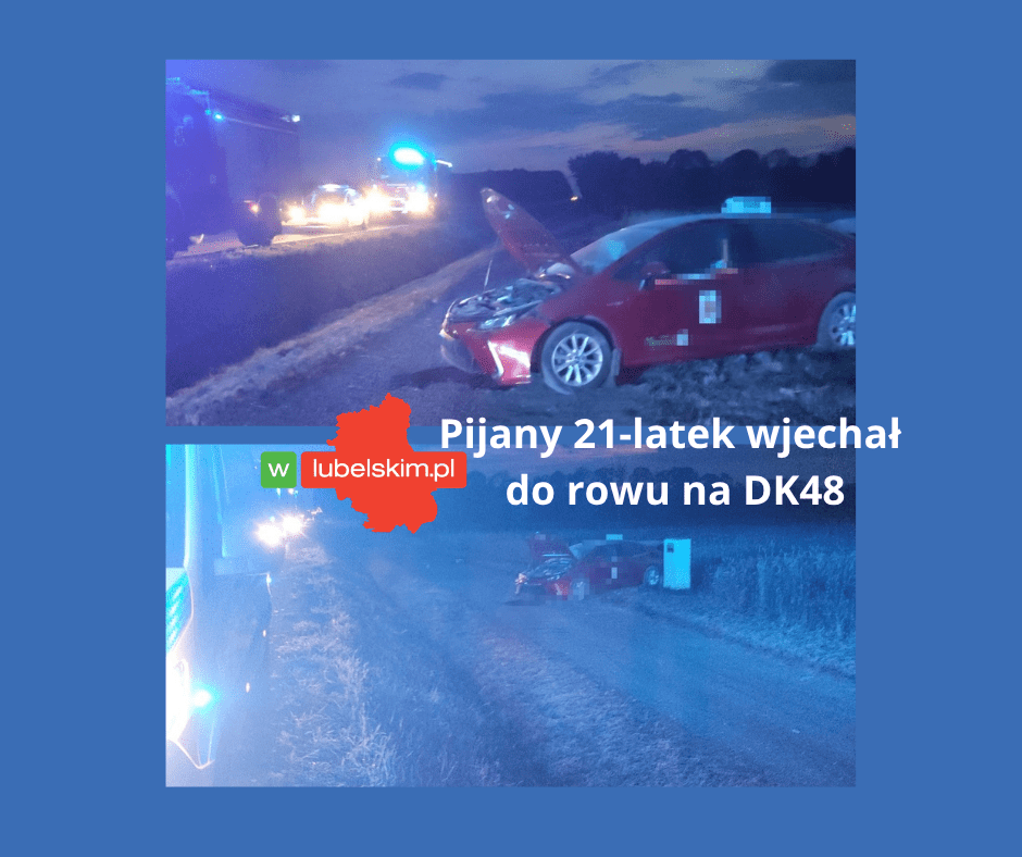 Pijany 21-latek wjechał Toyotą do rowu na DK48. Miał blisko 2,5 promila alkoholu