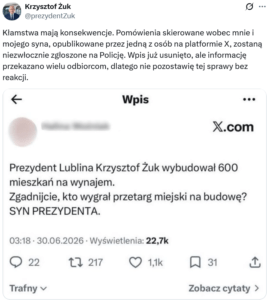 Krzysztof Żuk zapowiada działania prawne. Poszło o wpis w sieci