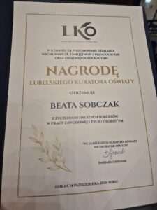 Beata Sobczak z nagrodą Lubelskiego Kuratora Oświaty. Wyróżnienie dla dyrektor ZSP w Turce