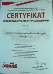MPK Lublin z certyfikatem „Pracodawca Przyjazny Pracownikom”